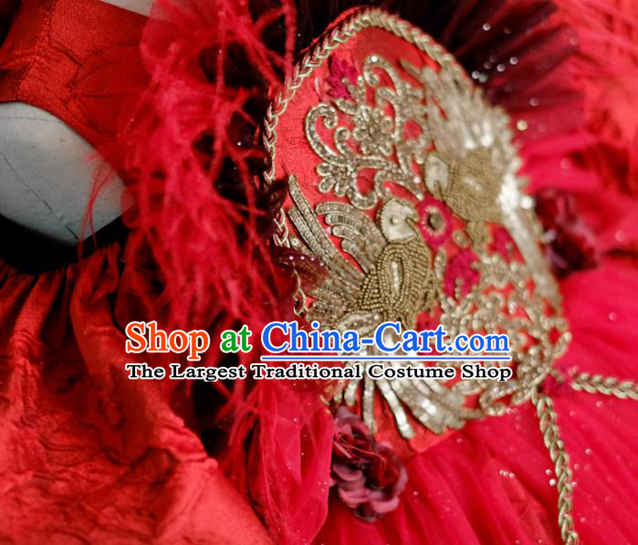 Traditional Chinese Catwalks Chorus Red Feather Qipao Dress Compere Stage Performance Costume for Kids