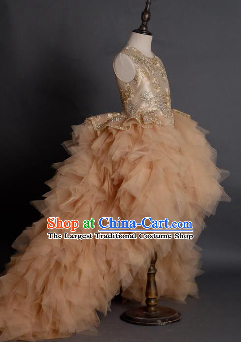 Top Children Compere Apricot Pink Veil Trailing Full Dress Catwalks Stage Show Dance Costume for Kids