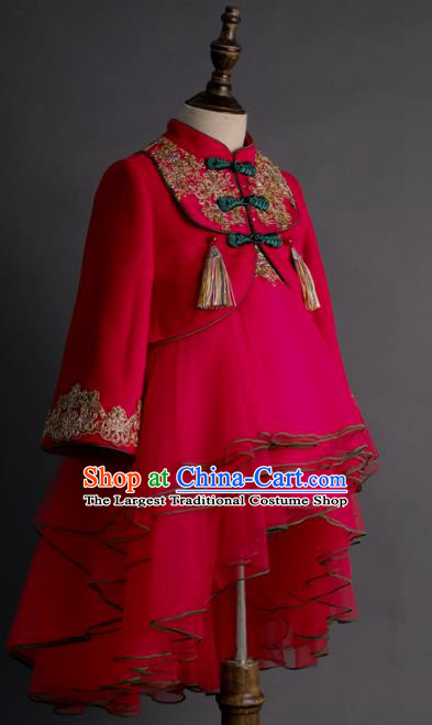 Traditional Chinese Catwalks Rosy Qipao Dress Compere Stage Performance Costume for Kids