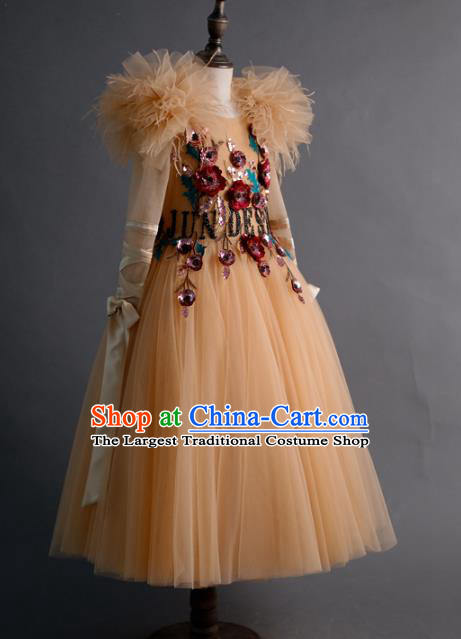 Top Children Compere Embroidered Apricot Full Dress Catwalks Stage Show Dance Costume for Kids