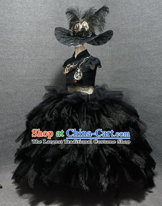 Top Children Piano Recital Black Feather Full Dress Catwalks Princess Stage Show Birthday Costume for Kids
