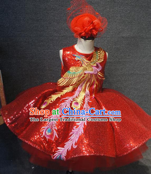 Top Children Day Dance Performance Embroidered Phoenix Red Dress Catwalks Stage Show Birthday Costume for Kids