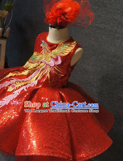 Top Children Day Dance Performance Embroidered Phoenix Red Dress Catwalks Stage Show Birthday Costume for Kids