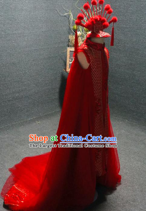 Traditional Chinese Catwalks Red Trailing Qipao Dress Compere Stage Performance Costume for Kids