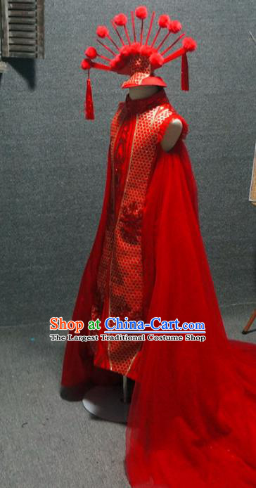 Traditional Chinese Catwalks Red Trailing Qipao Dress Compere Stage Performance Costume for Kids