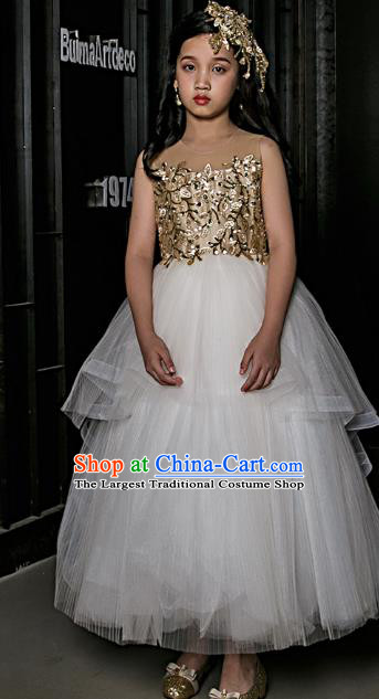 Top Children Flowers Fairy White Veil Full Dress Compere Catwalks Stage Show Dance Costume for Kids