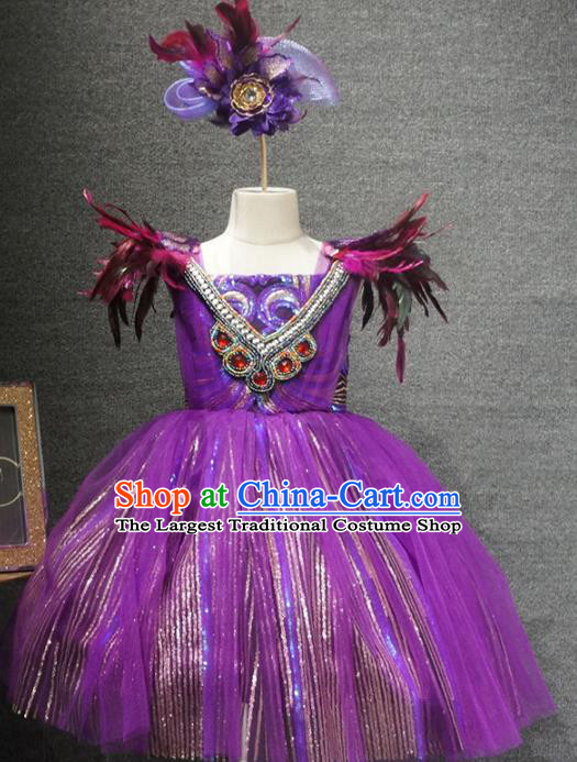 Top Grade Children Day Performance Purple Short Dress Catwalks Stage Show Birthday Costume for Kids