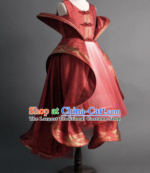Traditional Chinese Catwalks Red Tang Suit Dress Compere Stage Performance Costume for Kids