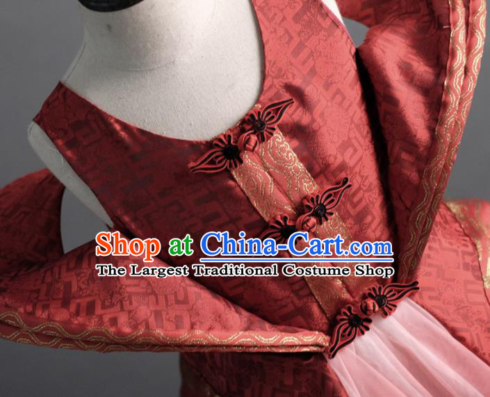 Traditional Chinese Catwalks Red Tang Suit Dress Compere Stage Performance Costume for Kids