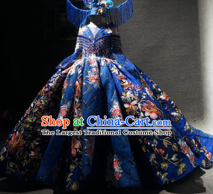Top Children Kindergarten Performance Embroidered Deep Blue Dress Catwalks Stage Show Birthday Costume for Kids