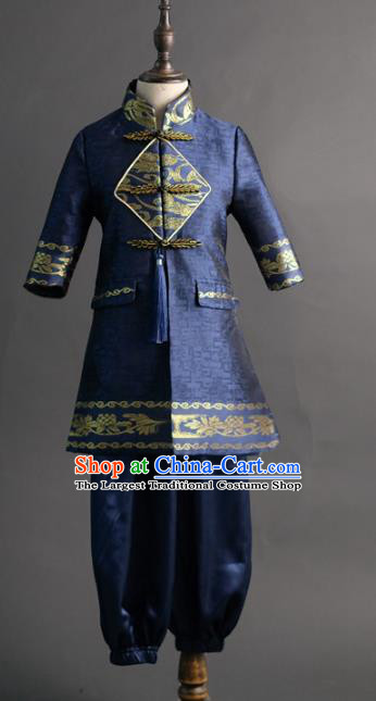 Traditional Chinese Children Navy Tang Suit Compere Classical Dance Stage Performance Costume for Kids