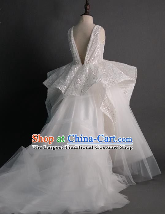 Top Children Flowers Fairy White Veil Trailing Full Dress Compere Catwalks Stage Show Dance Costume for Kids