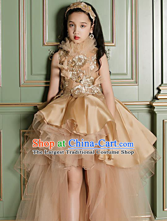 Top Children Flowers Fairy Light Brown Veil Trailing Full Dress Compere Catwalks Stage Show Dance Costume for Kids