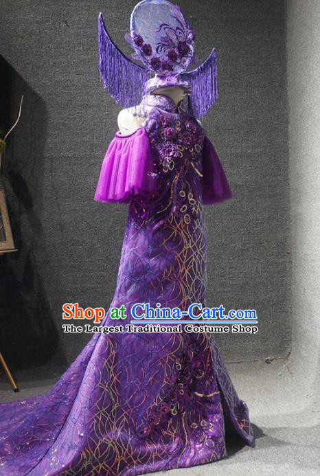 Traditional Chinese New Year Purple Qipao Dress Catwalks Compere Stage Show Costume for Kids