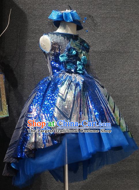 Top Kindergarten Children Day Royalblue Sequins Dress Catwalks Stage Show Birthday Costume for Kids