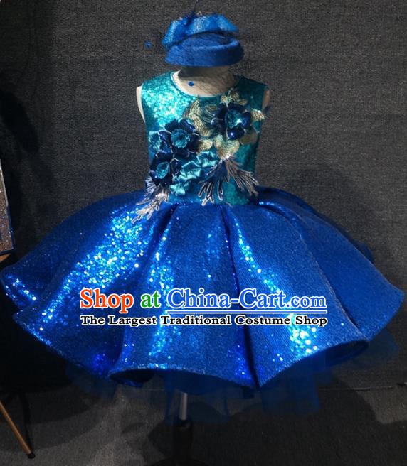 Top Kindergarten Children Day Royalblue Sequins Short Dress Catwalks Stage Show Birthday Costume for Kids