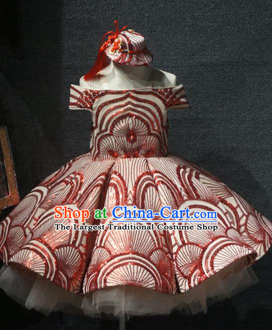 Top Children Dance Red Paillette Short Dress Catwalks Princess Stage Show Birthday Costume for Kids