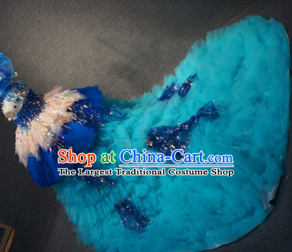 Top Children Piano Recital Blue Veil Trailing Full Dress Catwalks Princess Stage Show Birthday Costume for Kids