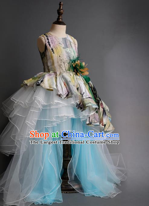 Top Children Fairy Princess Printing Blue Veil Trailing Full Dress Compere Catwalks Stage Show Dance Costume for Kids