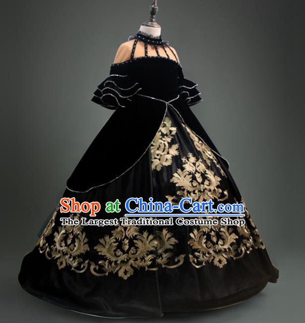 Top Children Cosplay Queen Embroidered Black Full Dress Compere Catwalks Stage Show Dance Costume for Kids