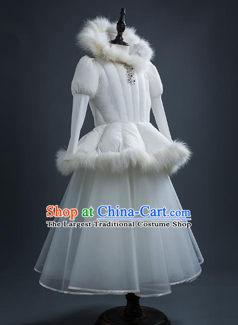 Top Children Cosplay Queen Winter White Full Dress Compere Catwalks Stage Show Dance Costume for Kids