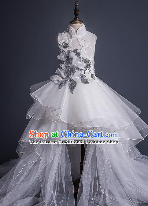 Top Children Cosplay Queen White Veil Trailing Full Dress Compere Catwalks Stage Show Dance Costume for Kids