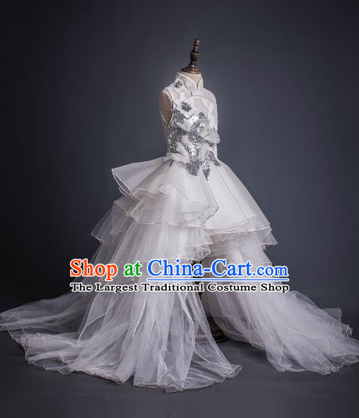 Top Children Cosplay Queen White Veil Trailing Full Dress Compere Catwalks Stage Show Dance Costume for Kids