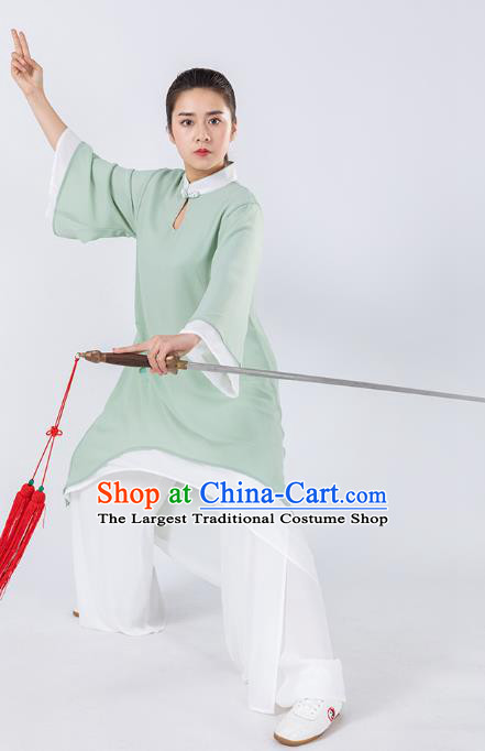 Traditional Chinese Hand Painting Bamboo Green Tai Chi Suit Martial Arts Stage Performance Costumes for Women