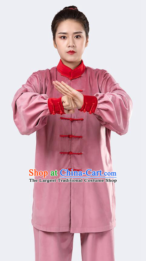 Traditional Chinese Tai Chi Competition Pink Velvet Outfits Martial Arts Stage Performance Costumes for Women