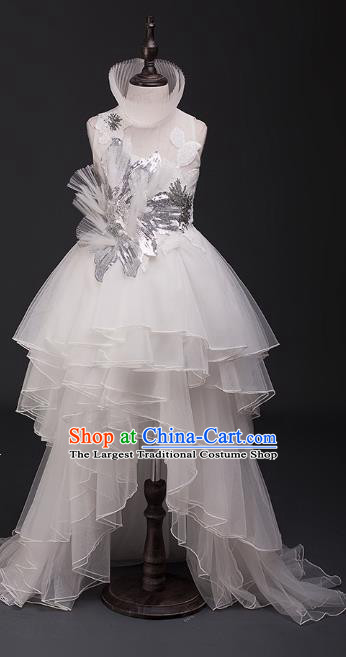 Top Children Cosplay Princess White Trailing Full Dress Compere Catwalks Stage Show Dance Costume for Kids