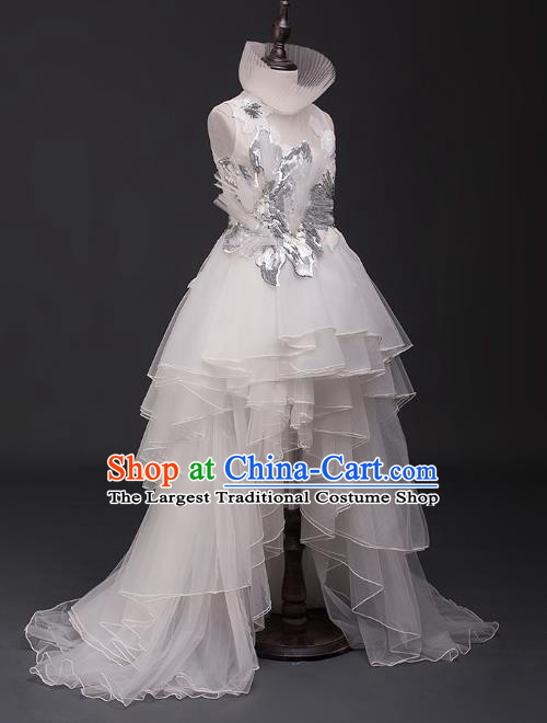 Top Children Cosplay Princess White Trailing Full Dress Compere Catwalks Stage Show Dance Costume for Kids