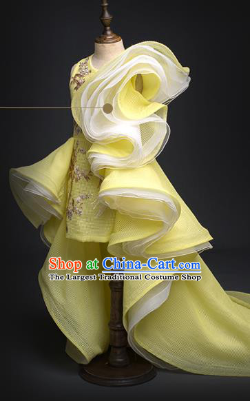 Top Children Modern Dance Yellow Trailing Dress Compere Catwalks Stage Show Costume for Kids
