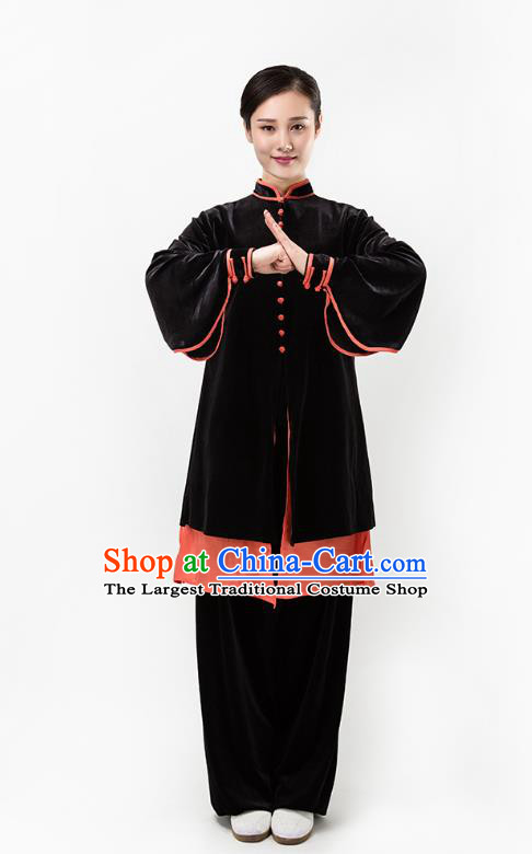Top Chinese Martial Arts Black Pleuche Outfits Traditional Tai Chi Kung Fu Training Costumes for Women