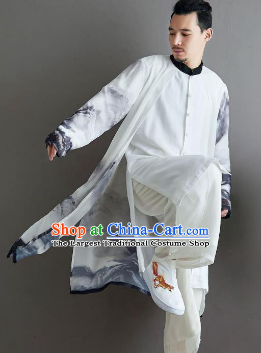 Top Chinese Ink Painting Chiffon Tang Suit Outfits Traditional Tai Chi Kung Fu Costumes for Men