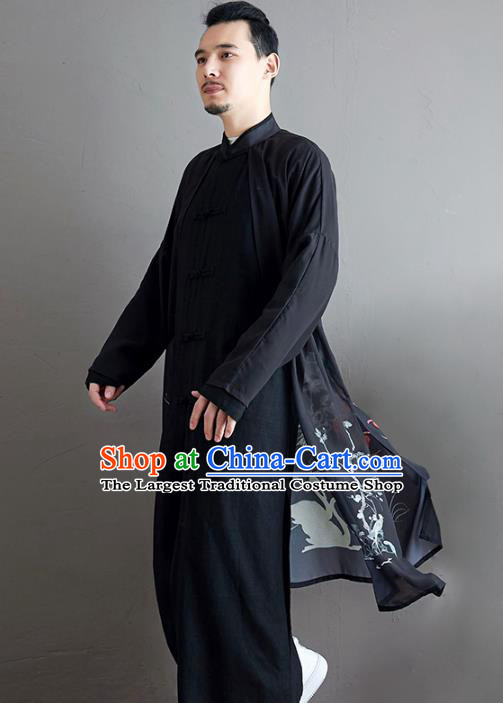 Top Chinese Tang Suit Printing Crane Black Flax Coat Traditional Tai Chi Kung Fu Overcoat Costume for Men