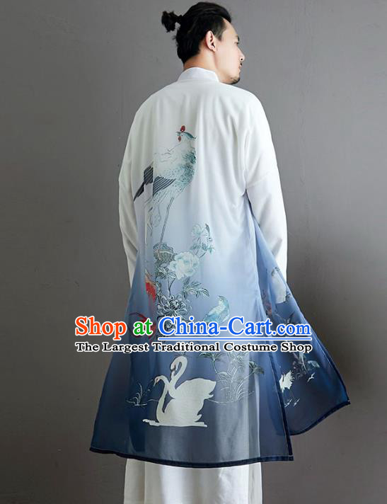 Top Chinese Tang Suit Printing Swan White Flax Coat Traditional Tai Chi Kung Fu Overcoat Costume for Men