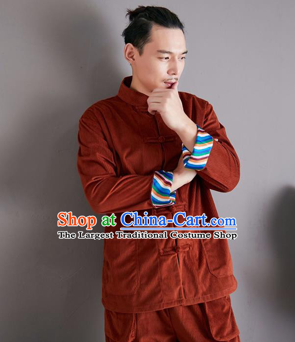 Chinese Martial Arts Rust Red Corduroy Outfits Traditional Tai Chi Kung Fu Training Costumes for Men