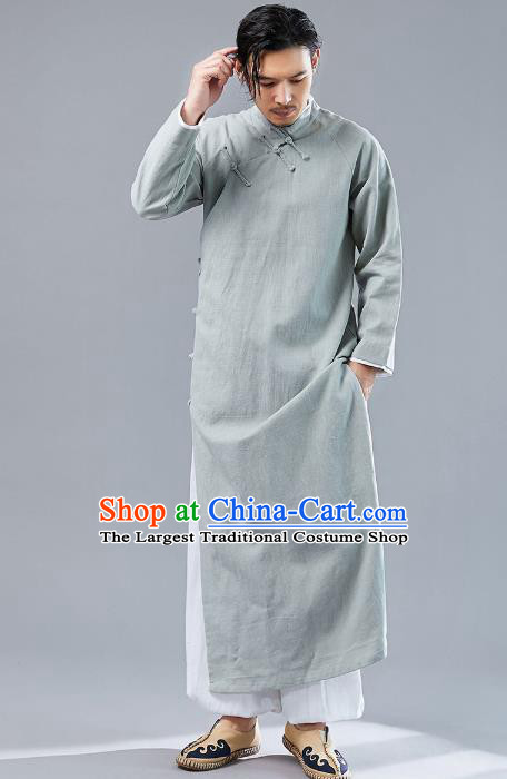 Top Chinese Tang Suit Light Green Flax Robe Traditional Republic of China Kung Fu Costumes for Men