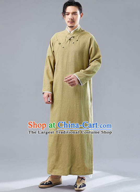 Top Chinese Tang Suit Ginger Flax Robe Traditional Republic of China Kung Fu Costumes for Men