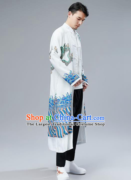 Top Chinese Tang Suit Printing Dragon White Gown Traditional Republic of China Kung Fu Overcoat Costumes for Men