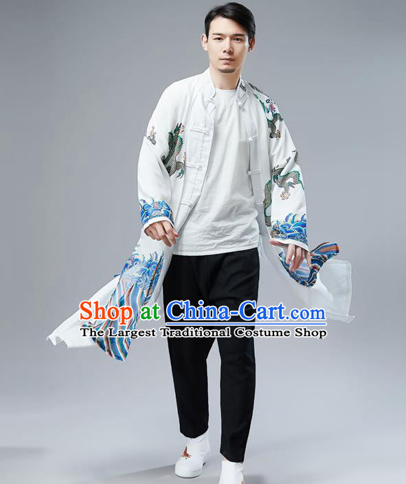 Top Chinese Tang Suit Printing Dragon White Gown Traditional Republic of China Kung Fu Overcoat Costumes for Men