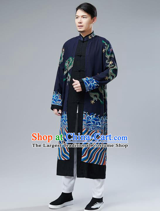 Top Chinese Tang Suit Printing Dragon Navy Gown Traditional Republic of China Kung Fu Overcoat Costumes for Men