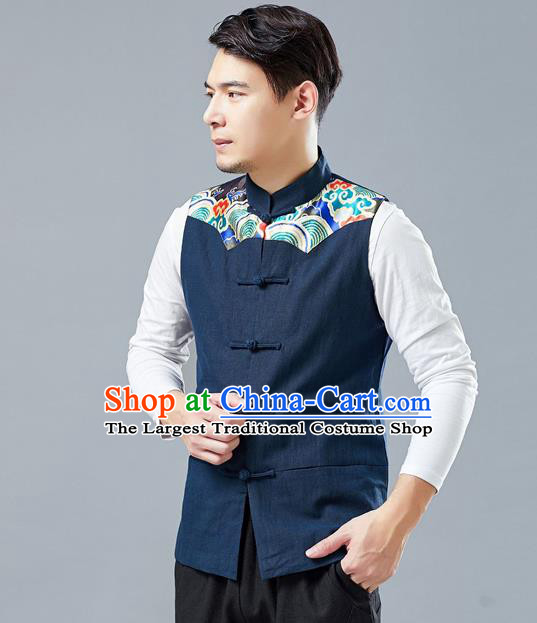 Chinese Tang Suit Printing Navy Vest Traditional Tai Chi Kung Fu Waistcoat Upper Outer Garment Costume for Men