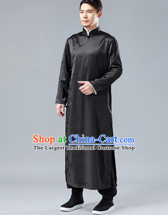 Top Chinese Tang Suit Black Silk Robe Traditional Republic of China Kung Fu Gown Costumes for Men