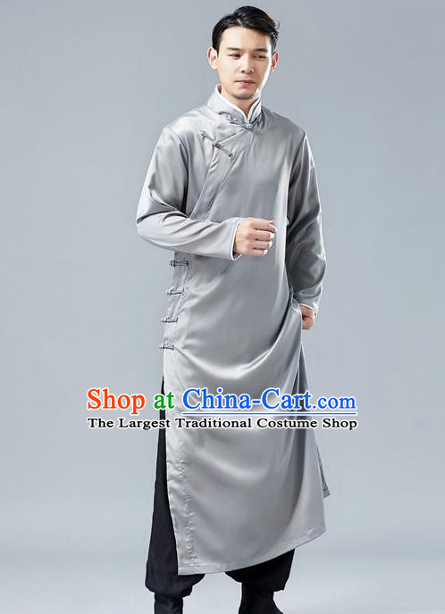 Top Chinese Tang Suit Grey Silk Robe Traditional Republic of China Kung Fu Gown Costumes for Men