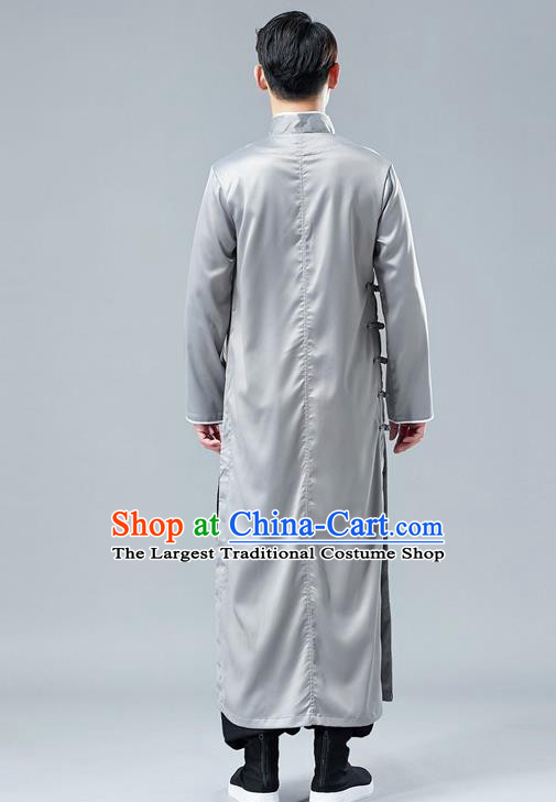 Top Chinese Tang Suit Grey Silk Robe Traditional Republic of China Kung Fu Gown Costumes for Men
