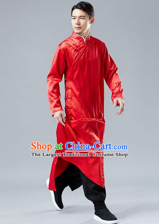 Top Chinese Tang Suit Red Silk Robe Traditional Republic of China Kung Fu Gown Costumes for Men
