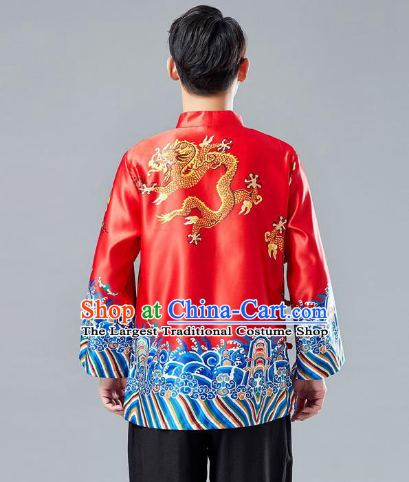 Top Chinese Tang Suit Printing Dragon Red Jacket Traditional Tai Chi Kung Fu Overcoat Costume for Men