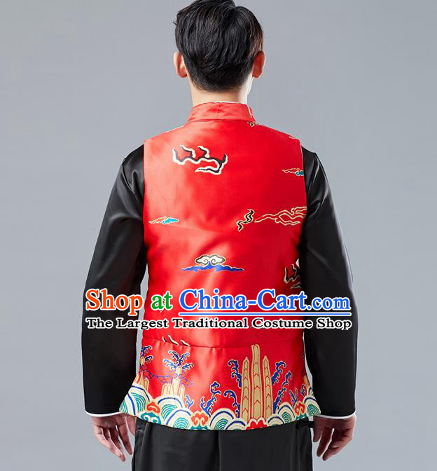 Chinese Tang Suit Printing Dragon Red Cotton Padded Vest Traditional Tai Chi Waistcoat Upper Outer Garment Costume for Men