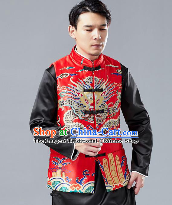 Chinese Tang Suit Printing Dragon Red Cotton Padded Vest Traditional Tai Chi Waistcoat Upper Outer Garment Costume for Men